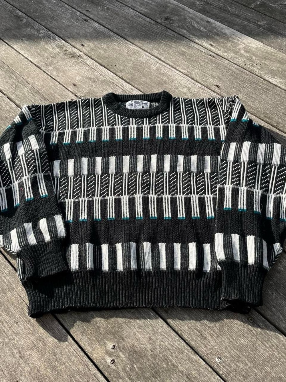 Expressions black + white stripe patterned vintage grandpa sweater
